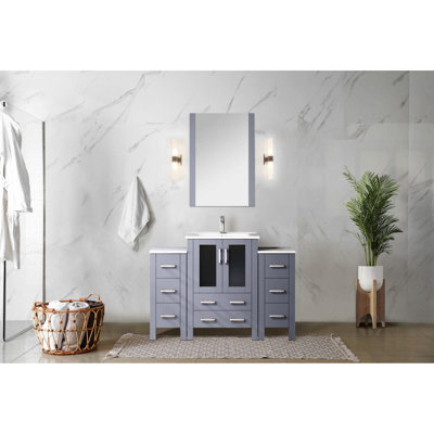 48 po W Meuble-lavabo gris foncé avec armoires latérales, robinet, comptoir en céramique blanche et miroir 22 - Surface fiable nécessitant peu d'entretien