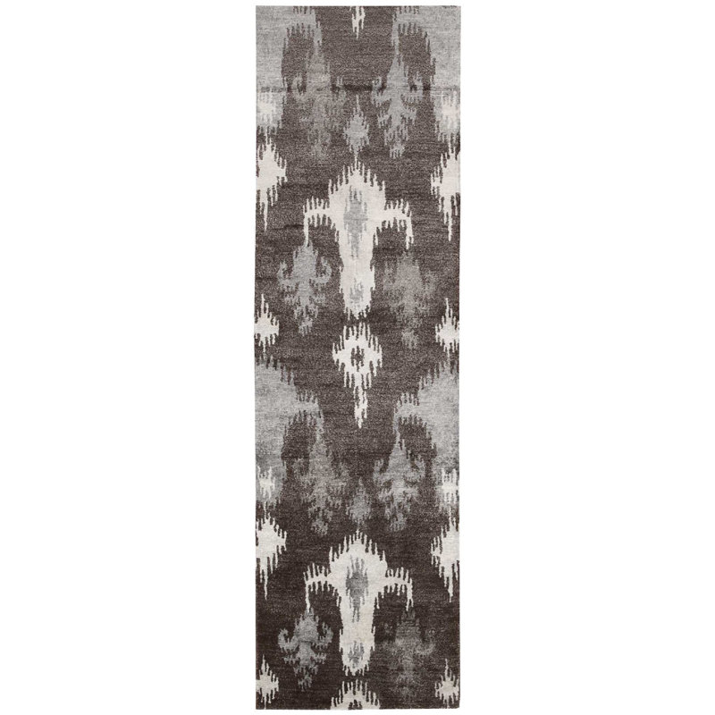 Tapis gris en laine noué à la main Hunterstown Ikat, Tapis de couloir 2 pi 3 po x 8 pi