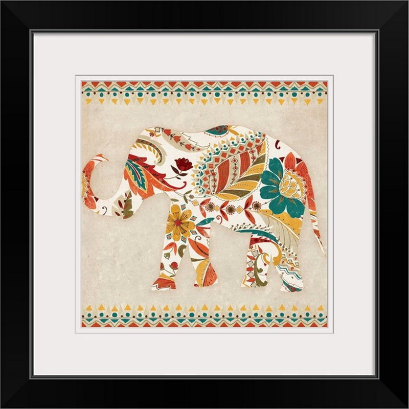 « boho éléphant ii », reproduction d’art, Cadre noir, H 20" x l 20" x P 1"
