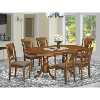 7 Piece Kitchen Table Set Consist of an Oval Dining Table with Butterfly Leaf and 6 Linen Fabric Dining Room Chairs, Saddle Brown