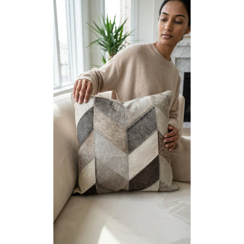  Square Chevron Patch Cowhide Pillow Cover & Insert