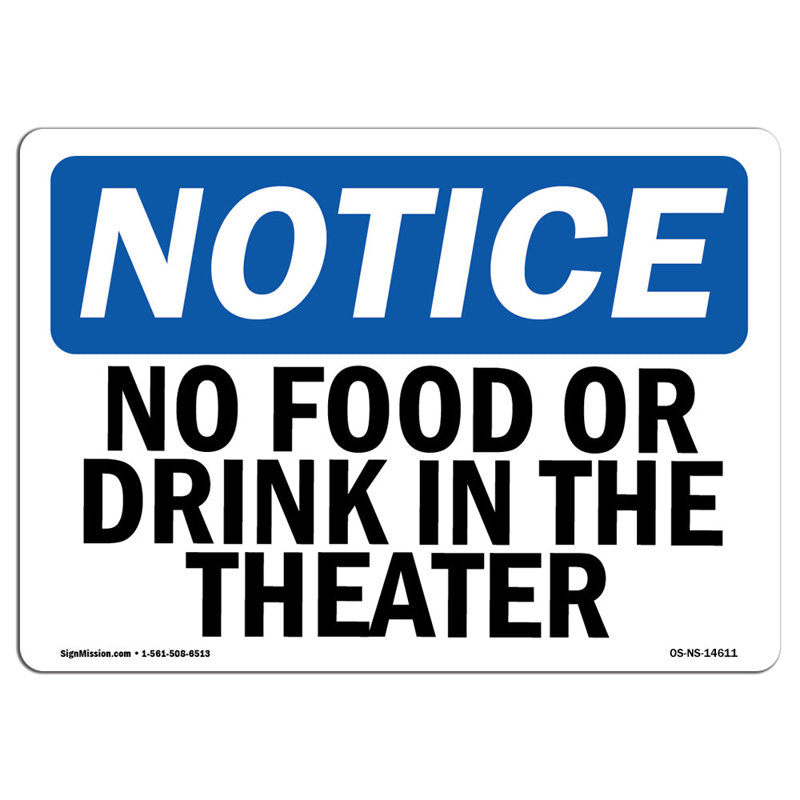 Osha avis - pas de nourriture ou de boissons dans le signe du théâtre, H 12 po x l 18 po x P 0,1 po