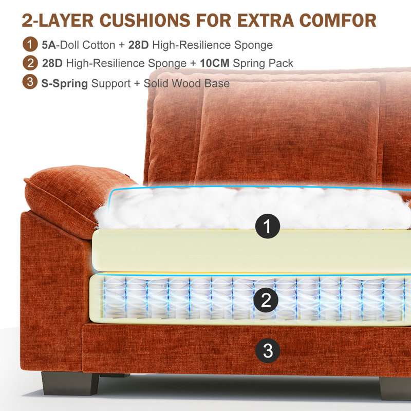 49.5'' W Oversized Premium Chenille Armchair And A Half With Accent Pillow & Removable Cushions-Set Of 2, Orange