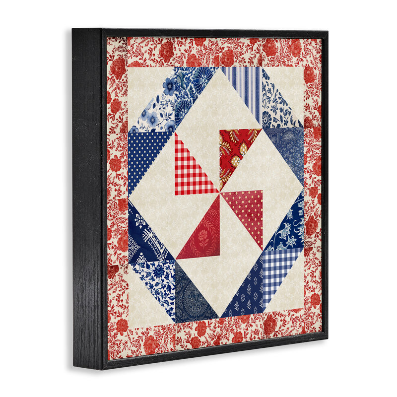 Collage de motifs de courtepointe, art de la giclée encadrée en rouge, design par Susan Arnot, Giclée encadrée noir minuit