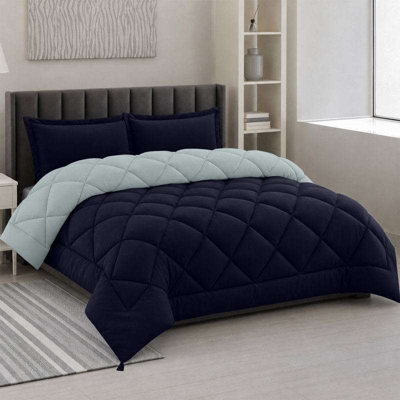 Down Alternative Microfiber Reversible Comforter Set - 3 Pcs All Season Diamond Pattern Comforter with Shams, KIng, Navy Blue