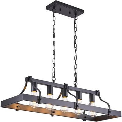 Rustic Farmhouse Chandelier With Wood And Metal Design, 5-Light Linear Ceiling Fixture For Dining Room And Kitchen Island