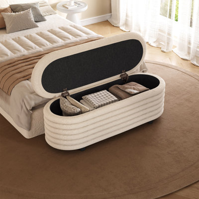 Cream Upholstered Storage Bench with Cushion, Entryway