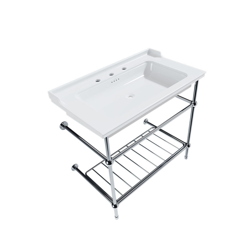 Gloss White Fireclay Rectangular Console Bathroom Sink with Overflow, Chrome, Single