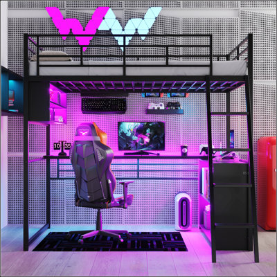 Full Size Metal Loft Bed With LED, Desk And 4 Storage Shelves, Black