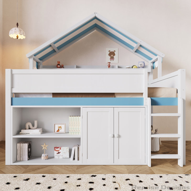 Lit mezzanine double avec toit à baldaquin et armoire de rangement, Blanc et bleu