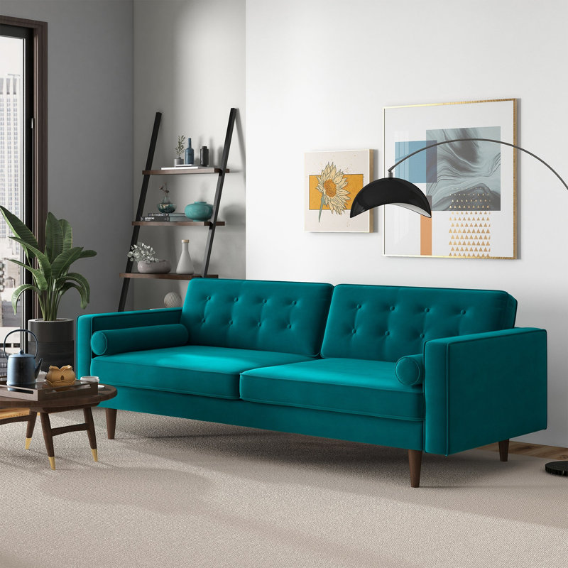 Canapé Casey capitonné en velours turquoise