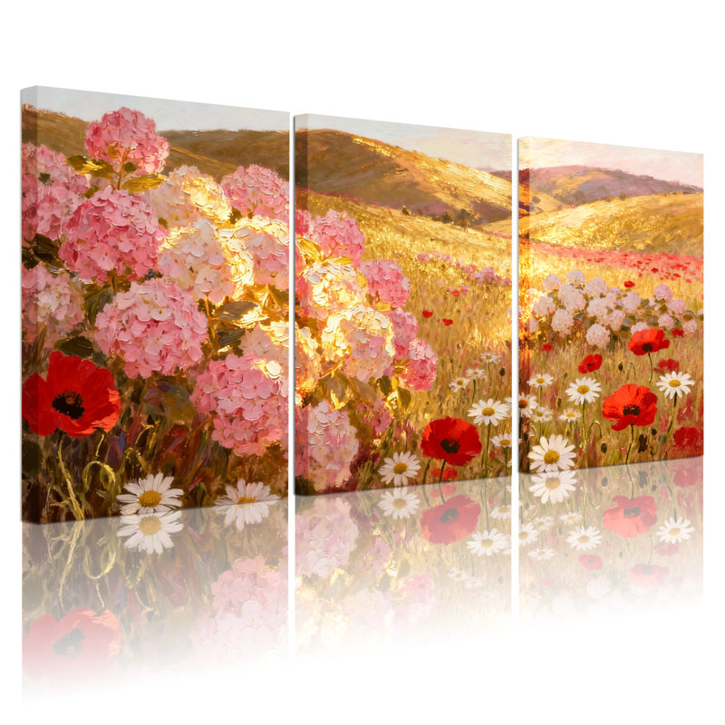 Hortensia fleur champ coucher de soleil paysage ensemble de 3 reproductions d'art sur toile, H 18 po x l 36 po