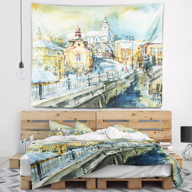 Tapisserie aquarelle paysage urbain, H 32 po x l 39 po