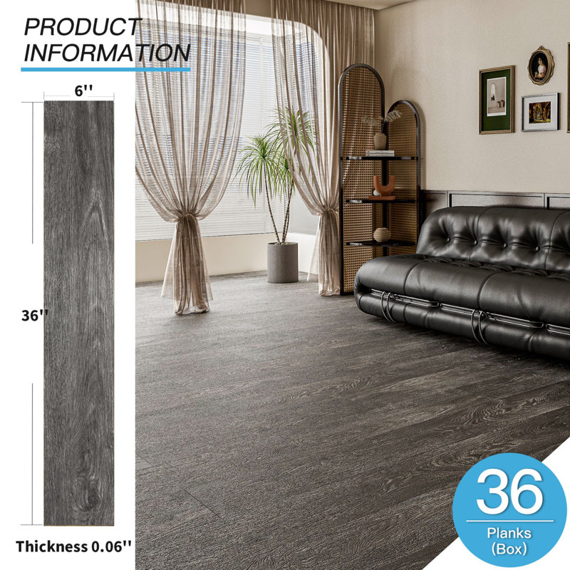 6'' W X 36'' L Peel and Stick Luxury Vinyl Floor Plank,Rigid Core Vinyl Flooring Wood Look (Set of 36), Ebony