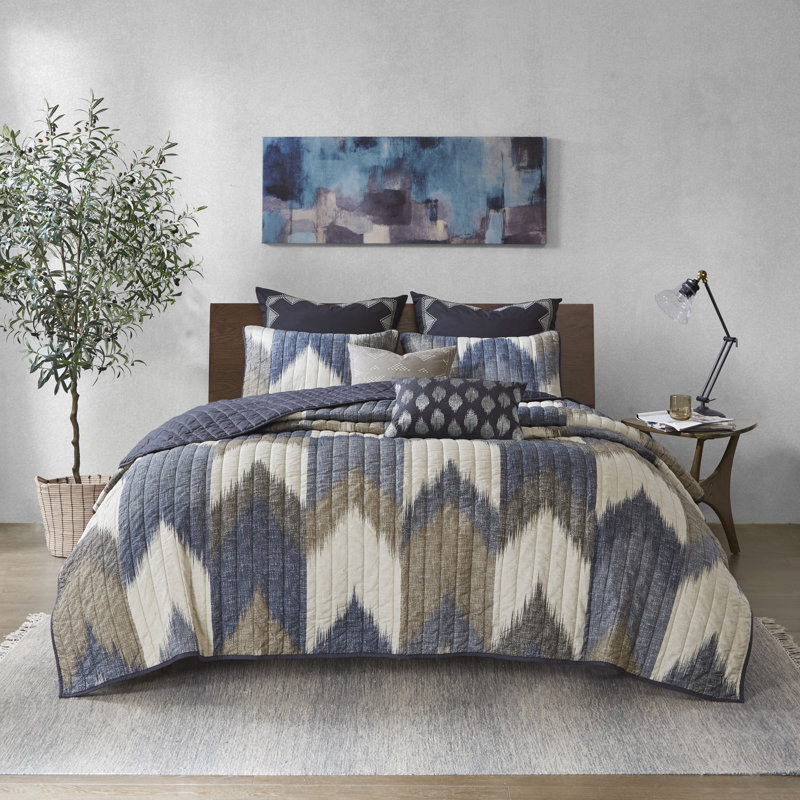 Navy Ikat Print Reversible Cotton Full Quilt Set