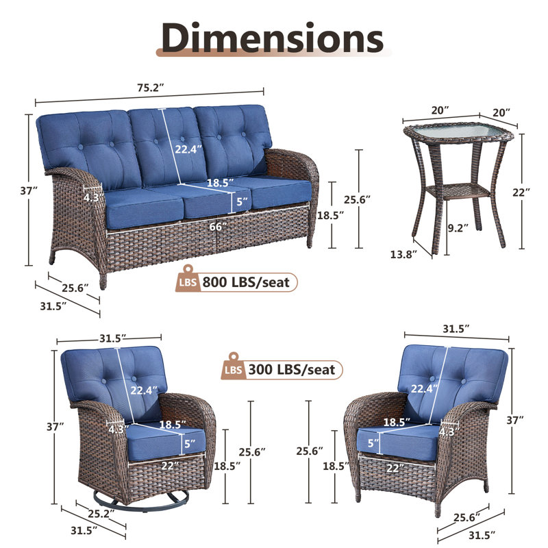 Agnes 7 Person Outdoor Wicker Patio Conversation Furniture With T-Back Cushions, Blue