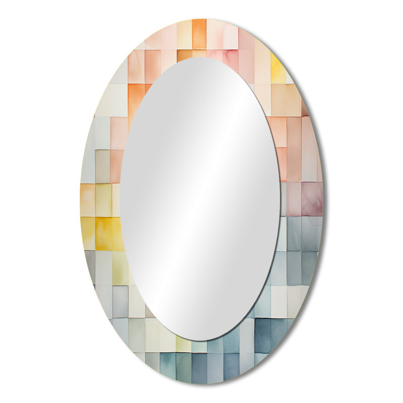 Multicolore cubes motifs II - Miroir mural ovale moderne multicolore, 36 po x 24 po