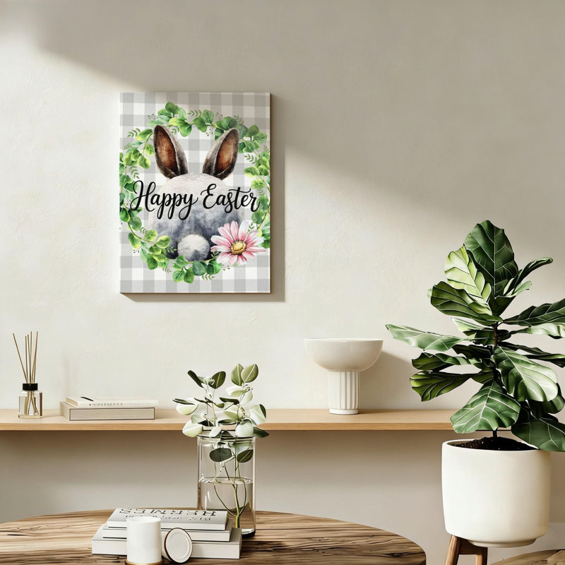 Joyeuses Pâques, lapins blancs sur toile de tissu écossais gris, feuilles, fleurs, support en bois massif