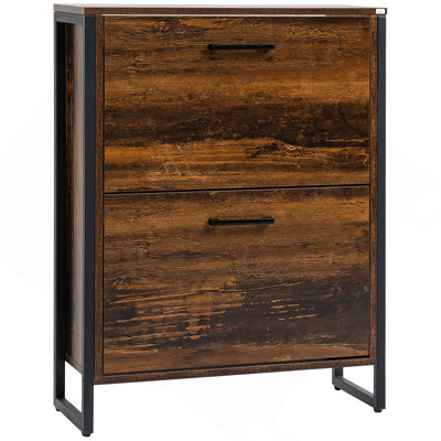 Armoire à chaussures industrielle avec 2 tiroirs rabattables, armoire de rangement pour chaussures autoportante pour 12 paires, étagère à chaussures étroite et étroite pour le vestibule, couloir, brun rustique