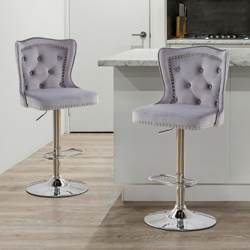 Swivel Velvet Counter Height Bar Stools With Lion Head Pull Ring For Kitchen Island, Grey