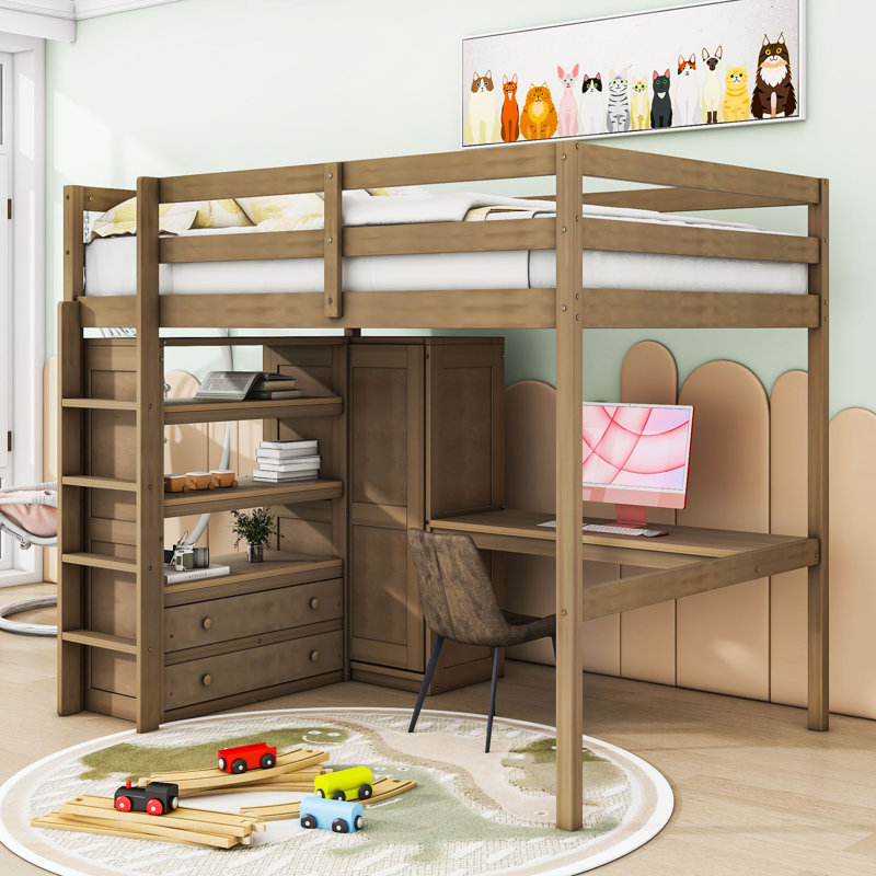 Lit mezzanine double en bois pleine grandeur avec long bureau intégré, tablette de rangement, tiroirs et garde-robe, Noyer