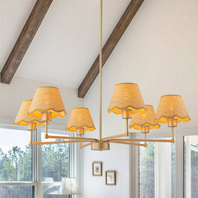 6-light 38"W Natural Rattan Shaded Classic/traditional Chandelier