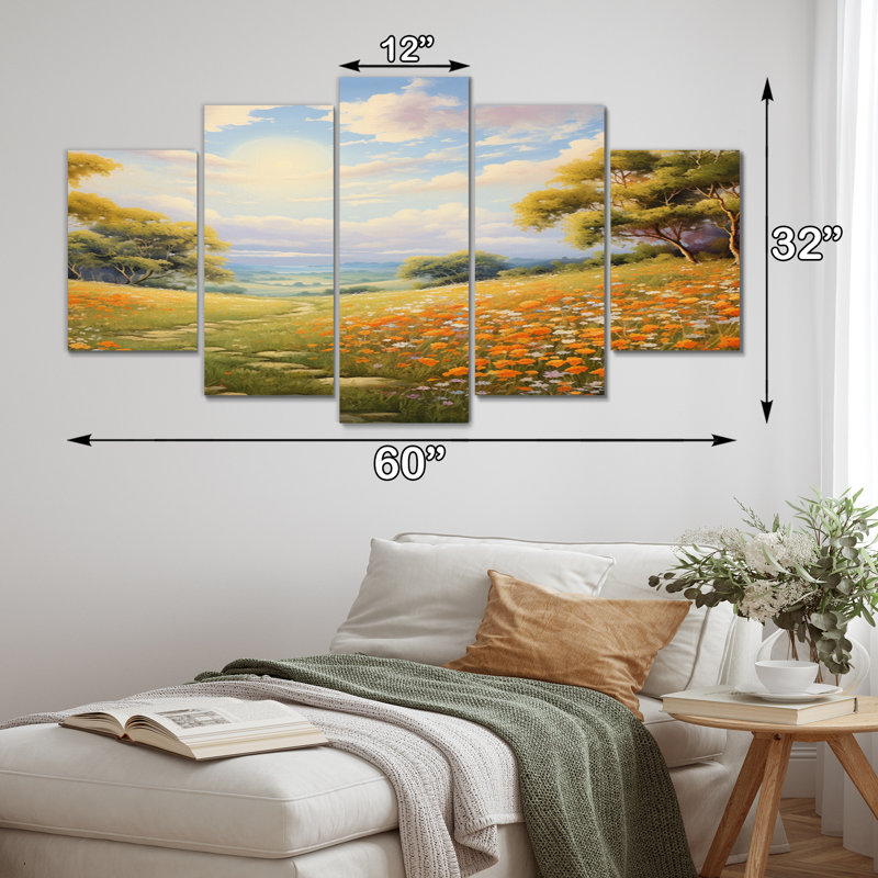 Fleurs orange et blanches, horizon doré, décoration murale florale, 5 panneaux