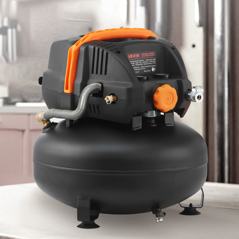 6 Gallon Air Compressor, 1.7HP 2.3CFM@90PSI Portable Pancake Air Compressor And 150PSI Max Pressure, 12-Piece Accessory Kit With 50FT Air Hose For Tire Inflation, Spray Painting, Woodwork Nailing