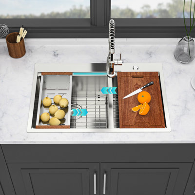 Double Bowl  60/40  33"X22"X10" Topmount Drop - In Kitchen Sink, 16 Gauge T304 Stainless Steel With Brushed Nickel Finish, X Shaped Water Guide For Smooth Flow, R10 Rounded Corner, Coating To