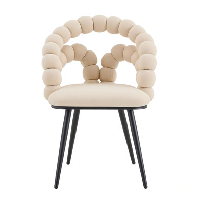 Set of 2 Beige Velvet Bubble Dining Chairs, Modern Accent Side Chair with Curved Backrest & Black Metal Legs, Luxury Vanity Desk Chair for Various Rooms