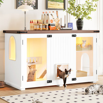 47.25" Cat Litter Box Enclosure With Led , Hidden Furniture, House Stairs And Scratching Post, Side Table For Living Room, White - Accommodates 1 2 Boxes, Material Large Box, Cabinet Table, Keeps
