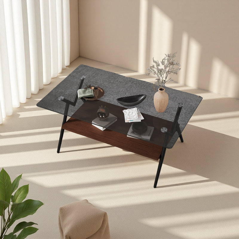 Rectangle Coffee Table With Tempered Glass Top And Metal Legs, Modern Table For Living Room, Grey, Black