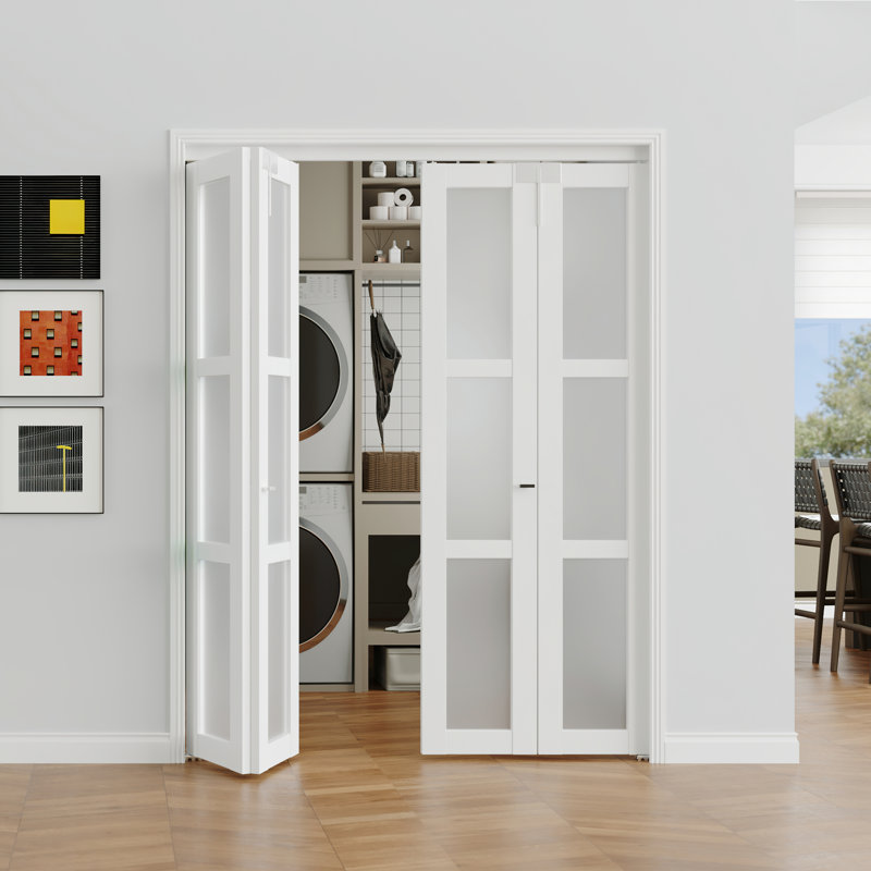 Porte pliante en verre givré - 3 portes pliantes en verre givré avec poignée et serrure de porte, 48 po x 80 po