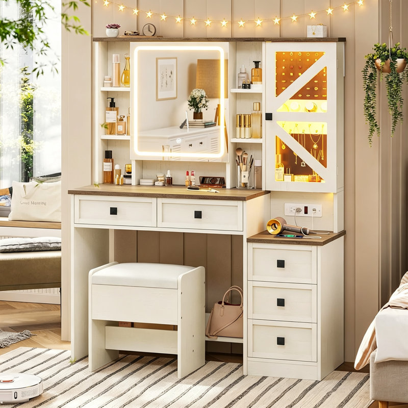 Ensemble de coiffeuse blanche avec lumières, miroir et tabouret de rangement pour coiffeuse, Blanc
