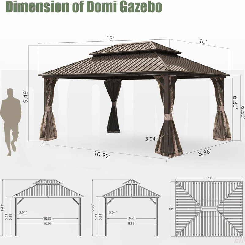 Hardtop Gazebo, Aluminum Metal Gazebo With Galvanized Steel Double Roof Canopy, Curtain And Netting, Permanent Gazebo Pavilion(Canopy)