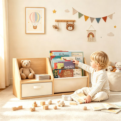 Toddler Bookshelf With 5 Fabric Pockets, Reading Nook & Drawer - Easy Assembly Book Organizer For Nursery & Playroom