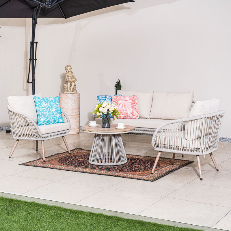 5-piece Modern Outdoor Conversation Set: Sofa + 2 Armchairs + Coffee Table, Pe Rattan & Polywood