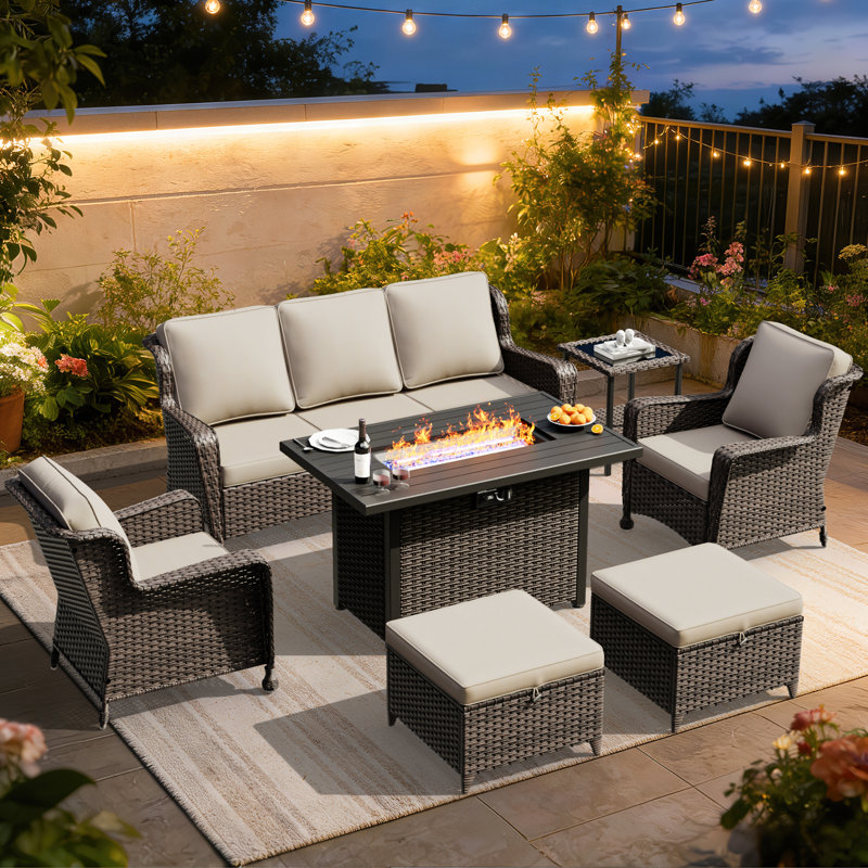 7-Person Outdoor Patio Conversation Rattan Seating Group With 2-In-1 Propane Fire Pit Table,2 Chairs，2 Ottoman and Beige Cushions