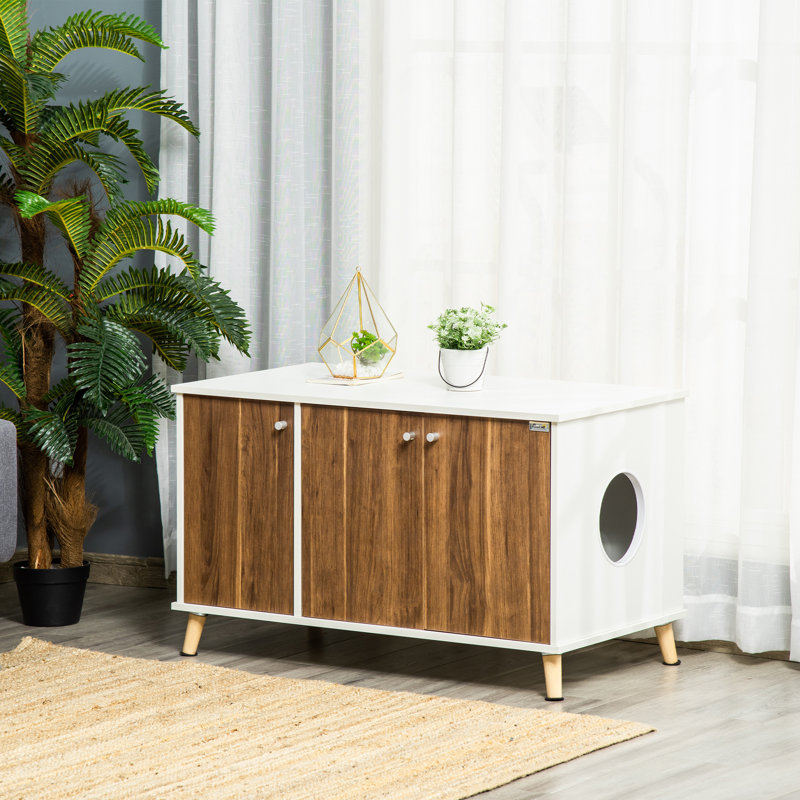 White and Walnut Wood Cat Litter Box Enclosure Cabinet