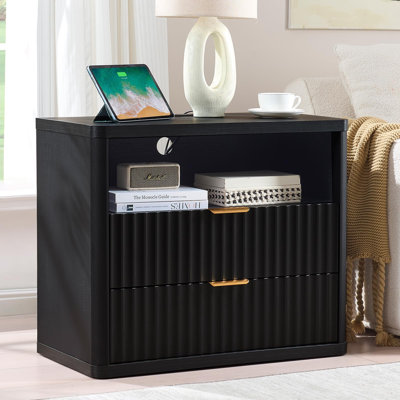 Fluted 2-Drawer Nightstand with Charging Station