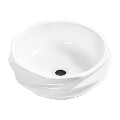 15.97"5.9" Round Diamond - Ceramic Bathroom Vessel Sink Gloss White No Faucet Hole Compact For Tiny Bathrooms And Rv With Hand Geometric Facets Nano Glaze Surface Universal Compatibility 15.97" In