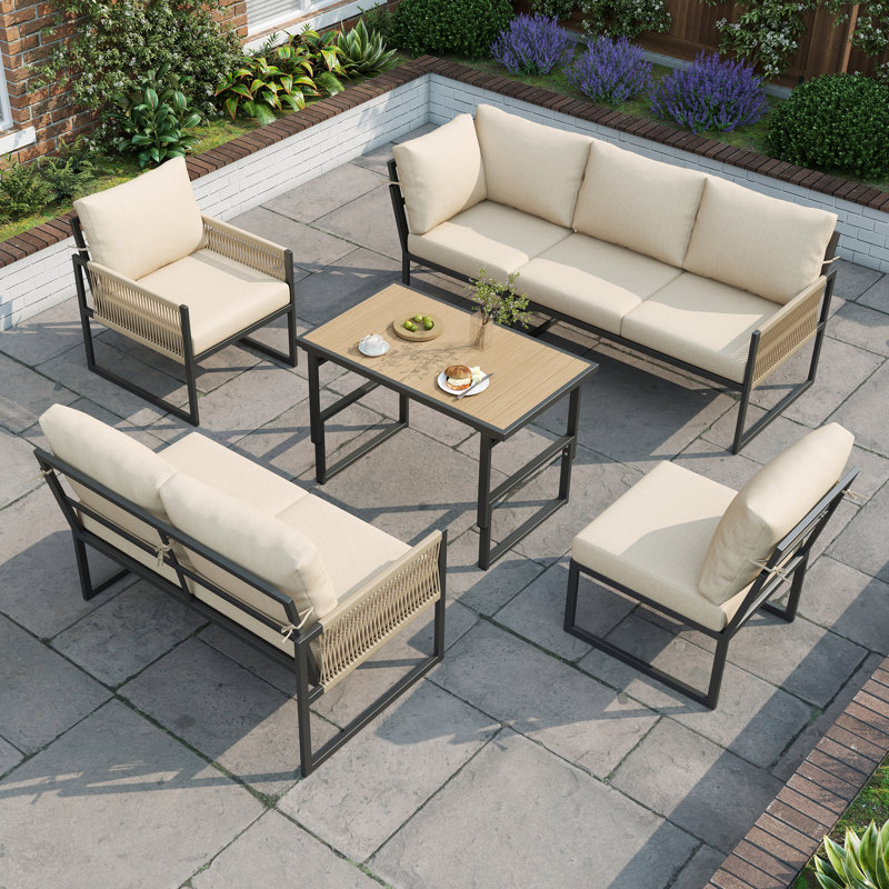 6-7 Seat Modular Outdoor Sofa Set With Adjustable Plastic Wood Table & Rope