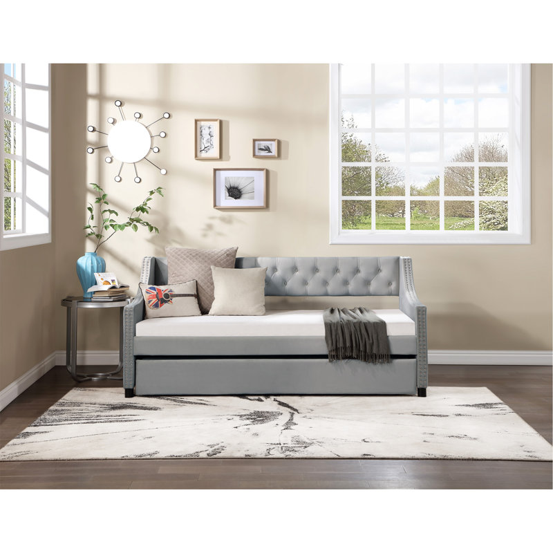 Lit de jour rembourré en tissu Darikson, Gris clair, Lit double