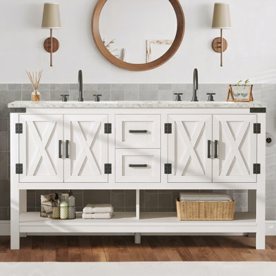 60"W Farmhouse Double Sink Bathroom Vanity with Carrara White Marble Acrylic Top and Ample Storage, Distressed White
