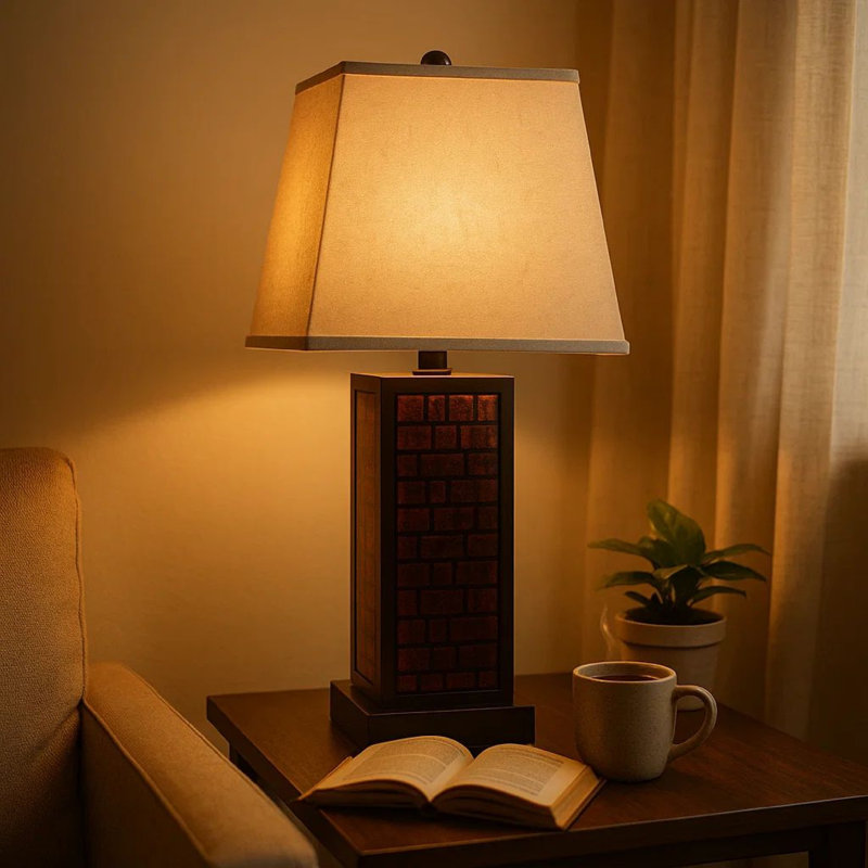 Lampe de table rectangulaire en métal avec motif de brique, beige et brun, Brun