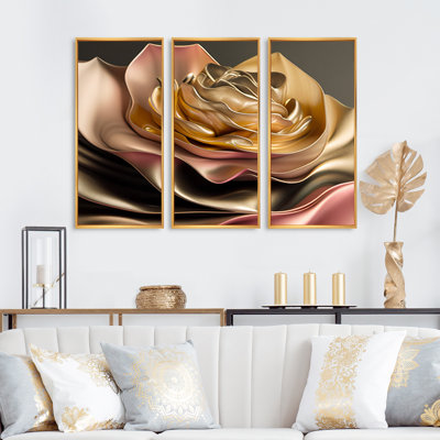 «Retro Retro Abstract Abstract Pink and Gold Flowers III», reproduction sur toile 3 pièces