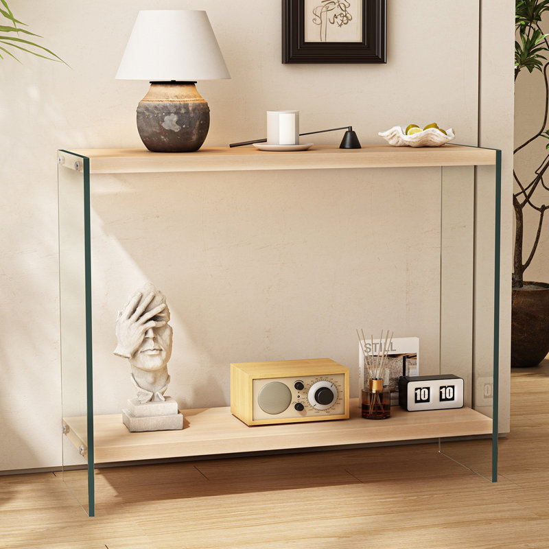  Rectangular Tempered Glass Console Table Entryway Storage Table With Wood-toned Mdf Top And Storage Shelf For Hallway, Living Room, Foyer, Apartment, Office