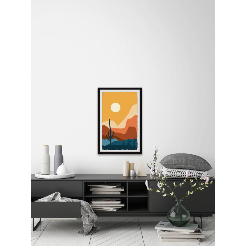 Desert Landscape Print with Cacti and Sun in Black Frame