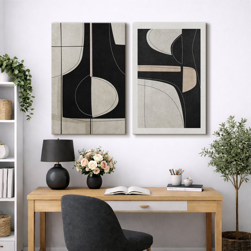 Mid Century Shape "Black Green Abstract Shape Artwork, Classy Minimal Contemporary Neutral Wall Pictures, Framed Canvas Giclée Print 2 Pieces Wall Art" 16x24x2 pcs, 24x36x2 pcs