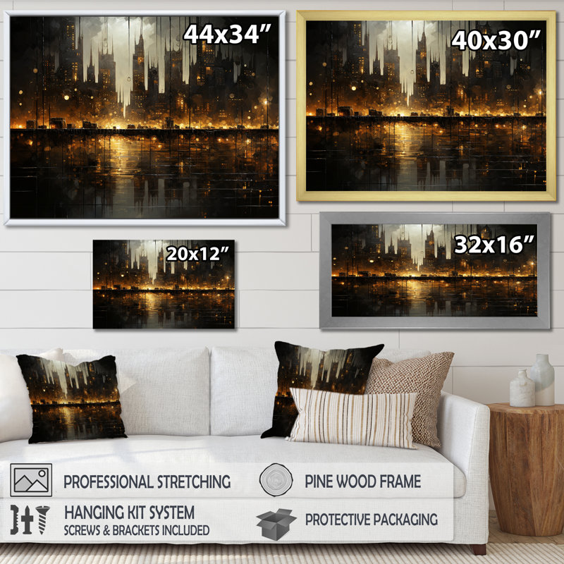 Nyc Cityscape Night Noir I, Cadre doré simple, H 12 po x l 20 po x P 1 po